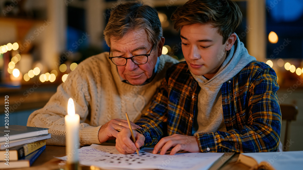 Fototapeta premium Retired professor and adult grandchild solving crossword puzzle together by candlelit kitchen table, problem solution dynamic, warm indoor atmosphere, multigenerational family unit sharing quiet eve