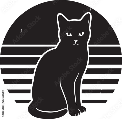 Retro Sunset with Sitting Cat Silhouette Vintage T Shirt Vector