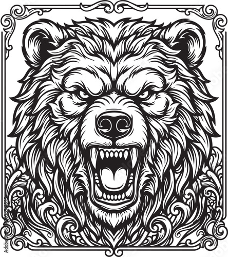 Roaring Bear Face Mascot Vector Aggressive Black Contour Illustration