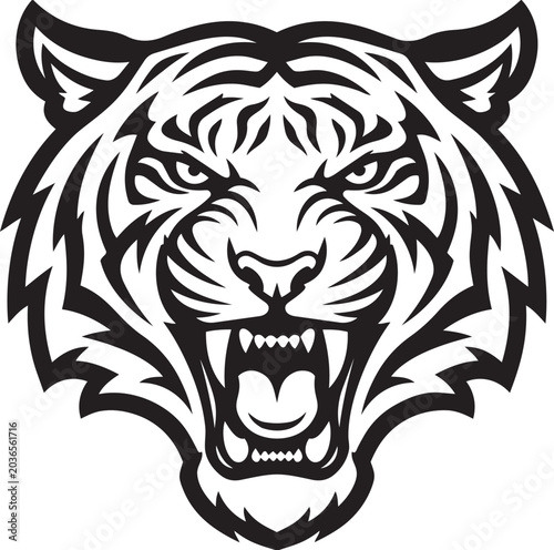 Roaring Tiger Head Mascot Vector Aggressive Wild Animal Black Silhouette