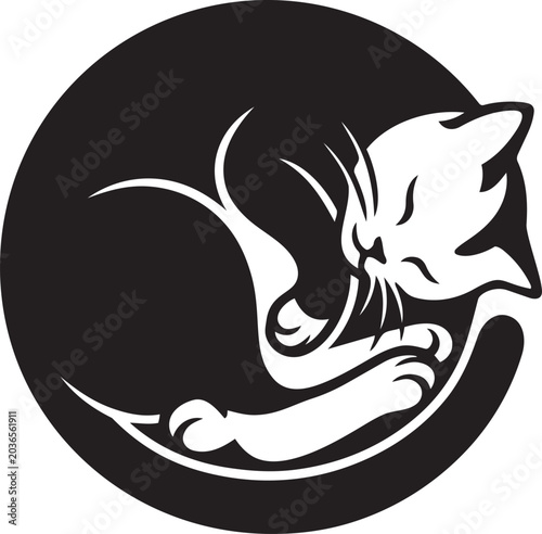 Sleeping Cat Curled Into Circle Minimalist Black Outline Vector