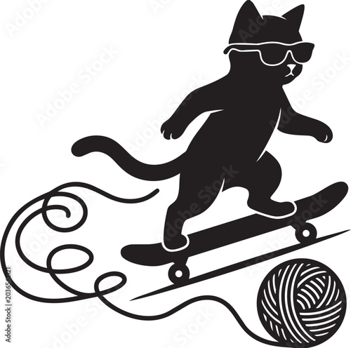 Stylish Cat Riding Skateboard Dynamic Black Silhouette Vector