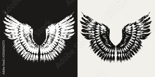 Slika na platnu Stylized Wing Pair Vector Illustration Black And White Design