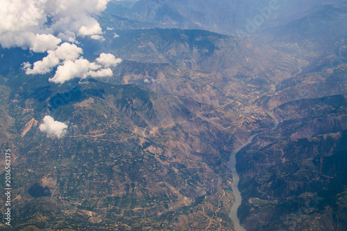 Aerial view of Srinagar from sky, image shot from aeroplane flying above Srinagar, Jammu and Kashmir, India.