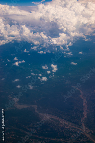 Aerial view of Srinagar from sky, image shot from aeroplane flying above Srinagar, Jammu and Kashmir, India.