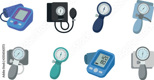 Digital Blood Pressure Monitor Icon Set with Medical Healthcare Equipment, Sphygmomanometer Devices, and Heart Health Measurement Vector Illustrations