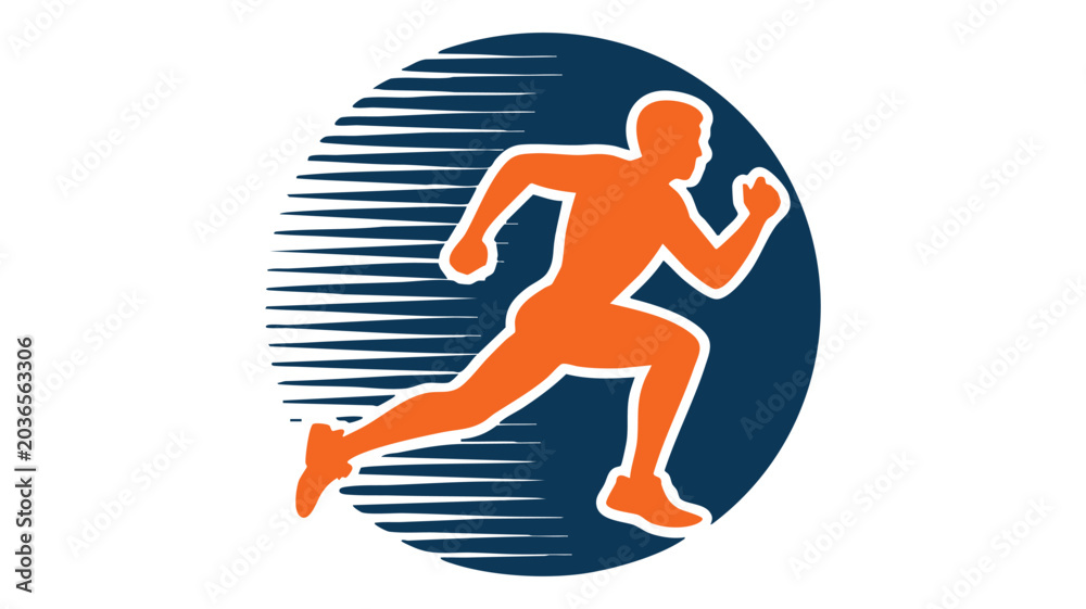Obraz premium Runner Silhouette in Orange, Depicted in an Active, Dynamic Pose, with a Dark Blue and White Striped Circular Background.
