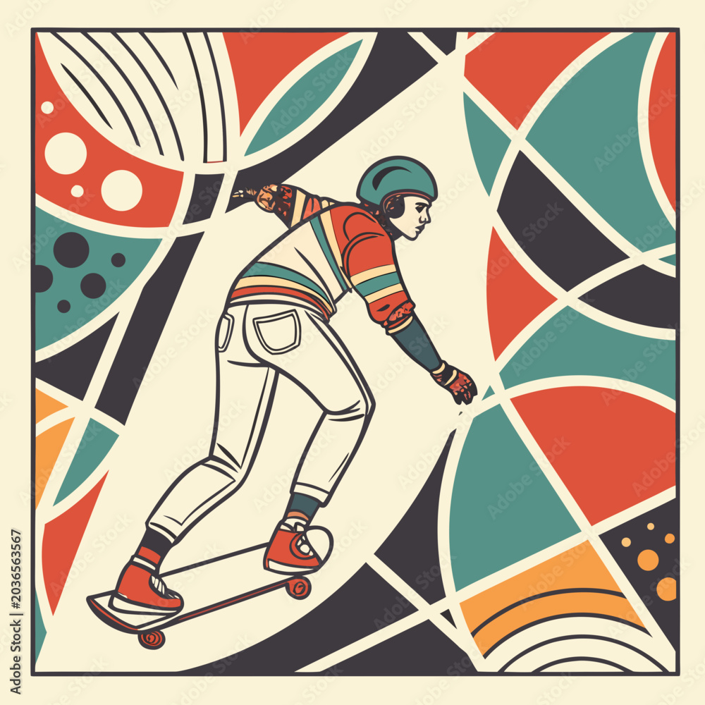 Fototapeta premium Skateboarder in motion wearing a helmet and colorful vintage outfit surrounded by dynamic abstract shapes and geometric curves in mid century style