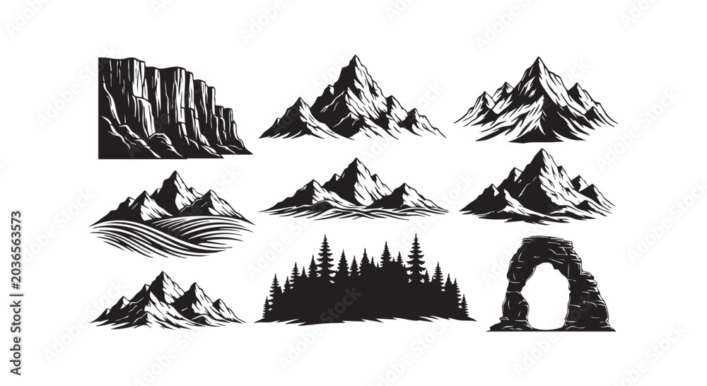 Fototapeta premium Majestic mountain range silhouettes and pine forest icons with natural rock arch formation isolated on white background.