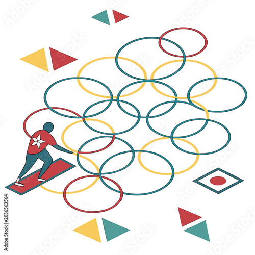 Photography Stylized character surfing on a rectangular board through a maze of yellow and b