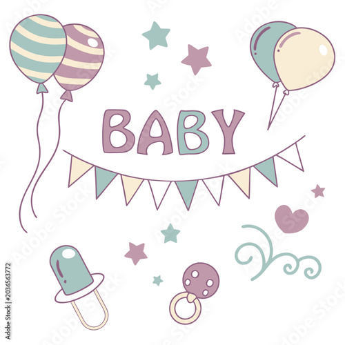 Canvas Print Baby shower themed elements including letters spelling baby, balloons, bunting,