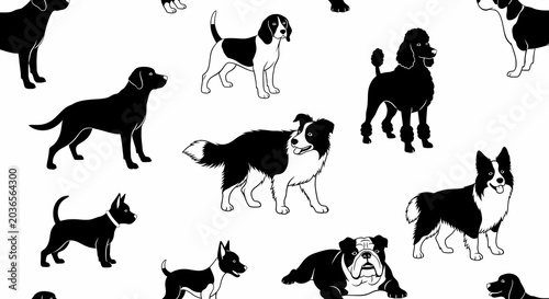 Seamless Pattern of Diverse Dog Breeds Silhouettes - Pet Animal Vector Art