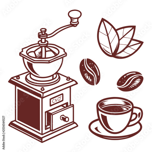 Foto Vintage coffee grinder with cup of espresso and roasted beans alongside decorati