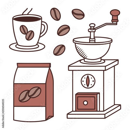 Schilderij op canvas Set of coffee elements including manual grinder paper bag of roasted beans and s