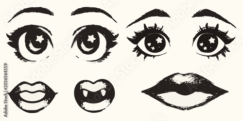 Cuadro en lienzo Collection Of Expressive Eyes And Lips Black Ink Illustration