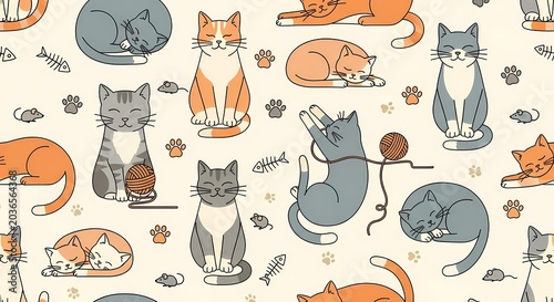 Cute Cat Pattern Seamless Repeat - Playful Felines & Yarn Balls