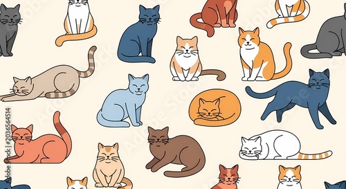 Cute Cat Pattern - Diverse Breeds & Poses Seamless Background