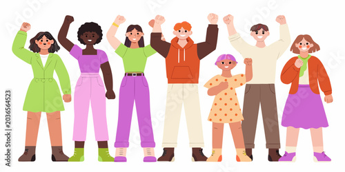 Fotografie Group Of Eight People With Raised Fists Vector Illustration