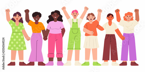 Foto Group Of Eight People With Raised Arms Flat Vector Illustration