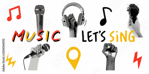 Bild auf Leinwand Music Collage Featuring Microphones Headphones And Musical Notes Vector