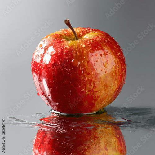 Fresh red apple with water droplets on reflective surface, realistic digital painting style fruit illustration