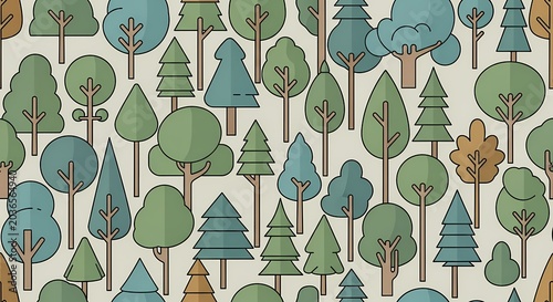 Abstract Geometric Forest Pattern with Flat Trees and Foliage in Earth Tones