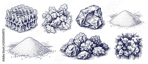 Photos Geological rock mineral sketch vector set of hand drawn vintage stones, sand piles, gravel clusters, basalt crystal, and engraved earth textures for science education, mining, and geology designs