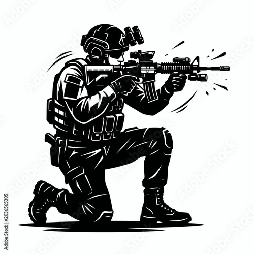Принти на полотні Soldier in tactical gear aiming rifle.