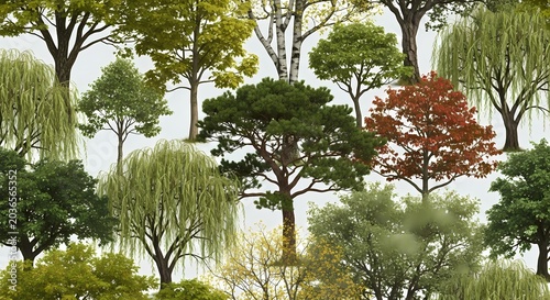 Diverse Forest Trees Seamless Pattern Background, Nature Woodland Canopy