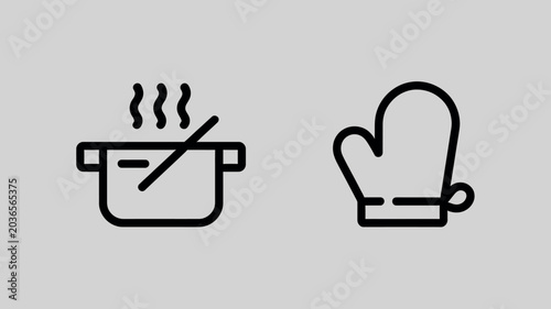 Cooking safety line icons hot pot warning and oven mitt for kitchen