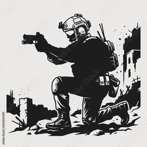 Photos A soldier in tactical gear pointing a gun.