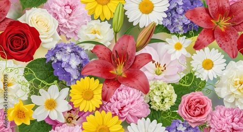 Vibrant Floral Assortment: Lilies, Roses, Daisies, Hydrangeas - Spring Bloom Background