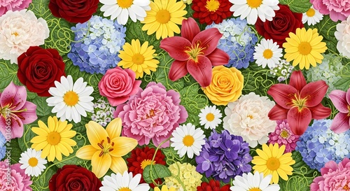 Vibrant floral arrangement: colorful assorted flowers, roses, lilies, hydrangeas, daisies