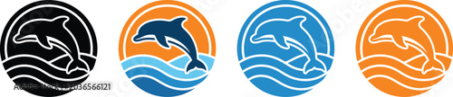 Фотография Dolphins, leaping mammal marine animals in various colors and wave graphics on c