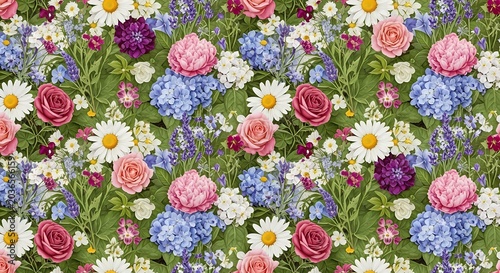 Vibrant Meadow Floral Pattern: Roses, Hydrangeas, Daisies, and Lavender