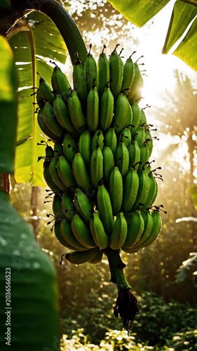Green bananas growing on tree outside.