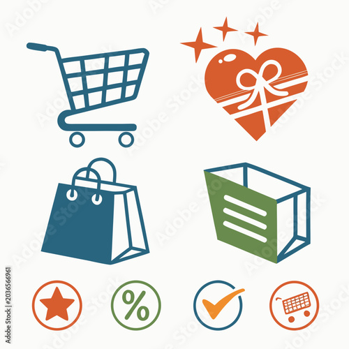 Shopping basket icons set with cart paper bag heart shaped gift box and discount symbols for retail e-commerce marketing and online store promotion