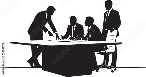 Black and white silhouette of four businessmen in a meeting