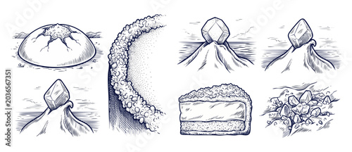 Bild auf Leinwand Vintage engraving geological diagrams set of crystals, volcanic dome, layered ca