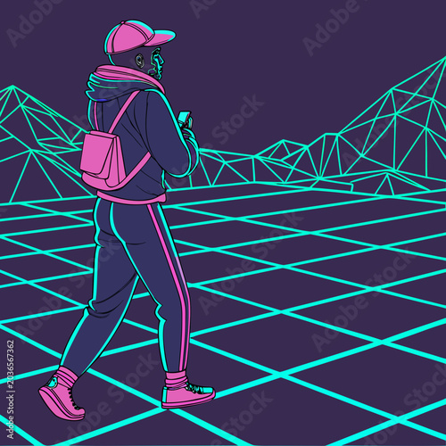 Man walking with a backpack and a smartphone on a dark background with neon lights and a cybernetic mountain grid
