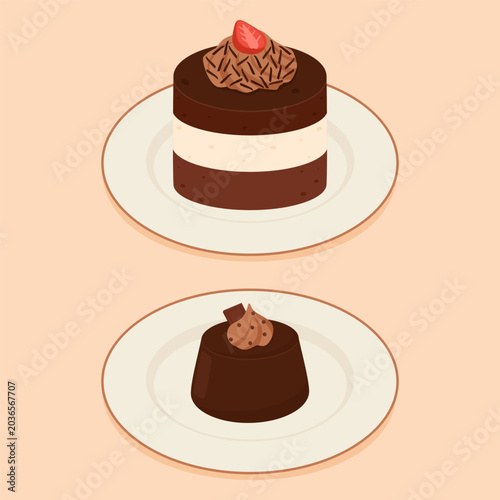 Illustration of chocolate cake with cream and chocolate pudding on a plate.