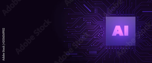 AI Chip with Glowing Purple Symbol: A futuristic AI chip, rendered in deep purple and black hues, showcases the prominent glowing symbol AI on its surface.