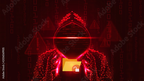 Cyber Threat and Data Breach: A hooded figure, representing a hacker or cyber threat, looms over a folder with a lock icon, symbolizing data breach and digital security risks.
