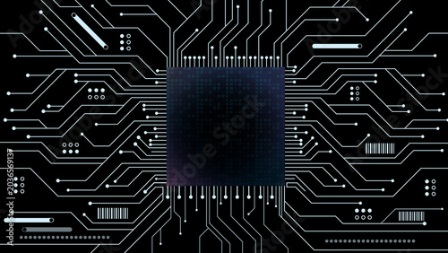 Microchip Circuitry: A close-up view of a microchip with intricate circuit board pathways extending outwards, symbolizing advanced technology and digital connectivity.