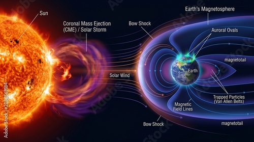The suns coronal mass ejection and its interaction with earths magnetosphere and magnetic field lines in space