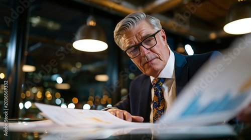 Senior executive reviewing merger documents at rain soaked conference table late at night, acquisition absorption strategy charts spread across glass surface, single professional focused expression,