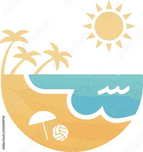 Tropical Summer Beach Vacation Circle Vector Illustration with Sun and Palms.