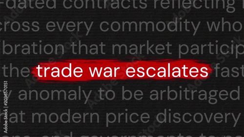 Economic conflict in motion — trade war escalates highlighted in documentary paragraph text animation for finance and business reporting