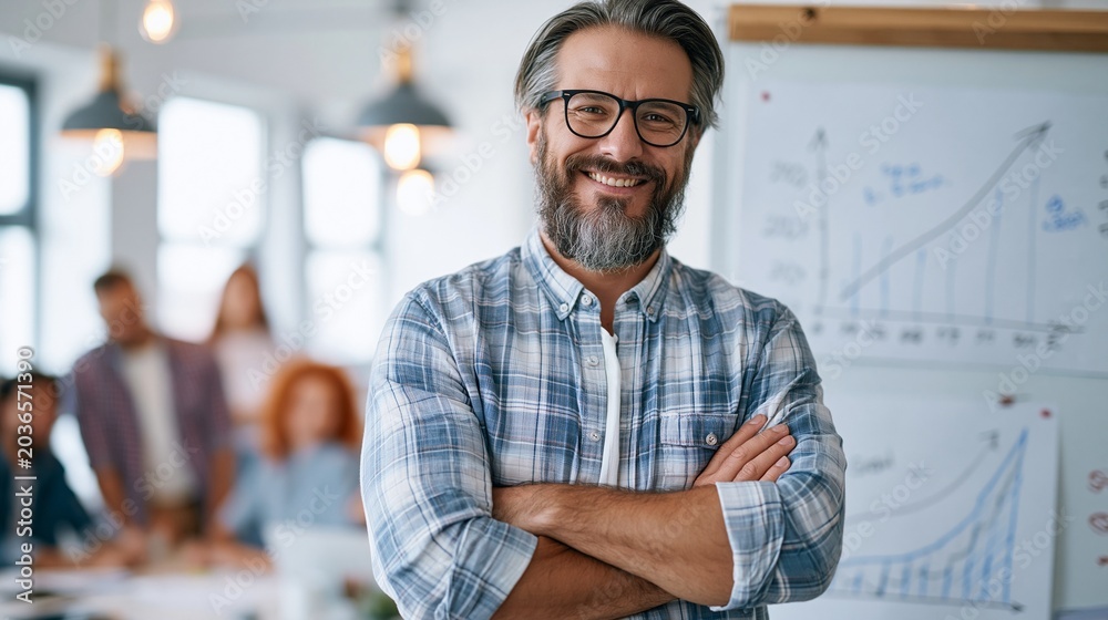 Obraz premium Business owner in sharp focus stands confidently by a whiteboard with clear growth charts while blurred colleagues collaborate in a bright openplan office bathed in soft natural
