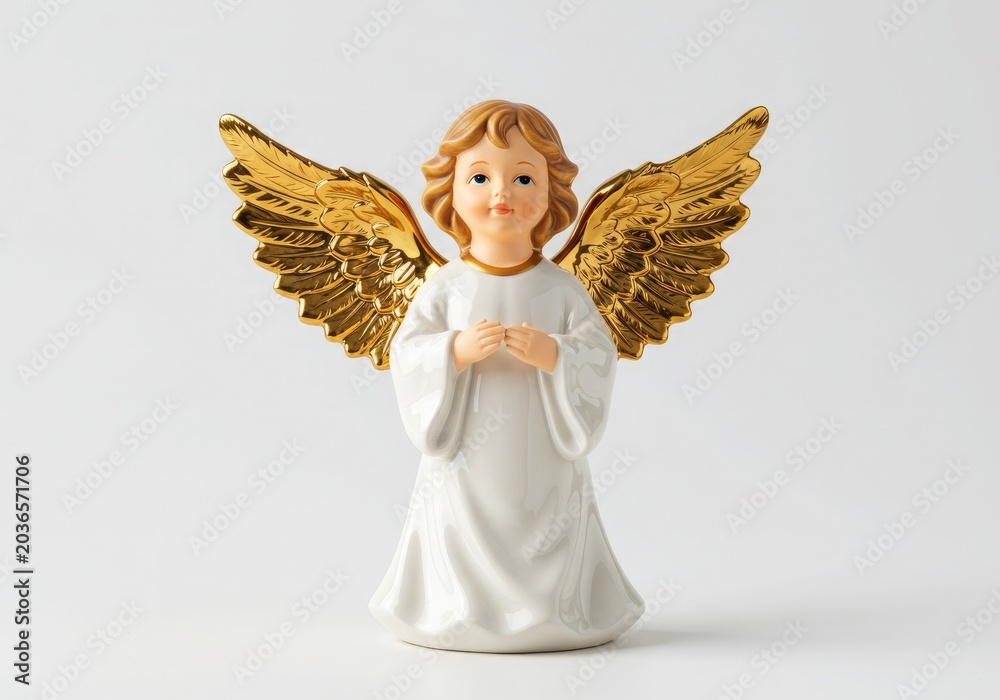 Obraz premium Beautiful Ceramic Angel Figurine with Golden Wings and White Robe Isolated on White Background for Christmas Decoration